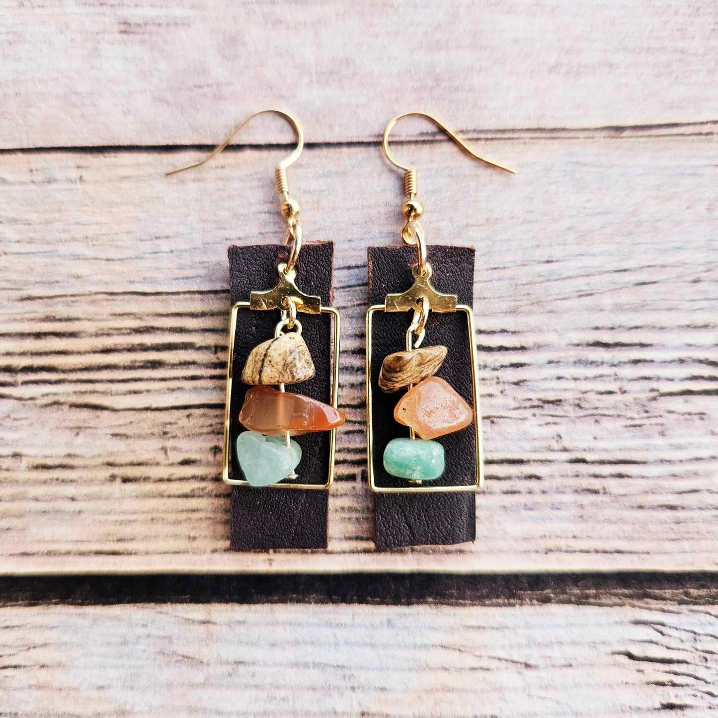 gold rectangle earrings, brown leather earrings, rock beads, handmade jewelry