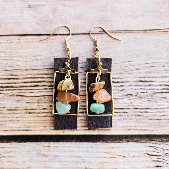 gold rectangle earrings, brown leather earrings, rock beads, handmade jewelry