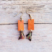 burnt orange earrings, tassel charm earrings, brown leather triangle charm, gold earrings, handmade jewelry 