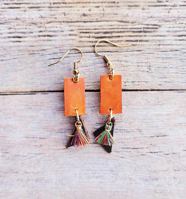 burnt orange earrings, tassel charm earrings, brown leather triangle charm, gold earrings, handmade jewelry 