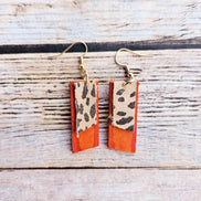 leopard leather, orange leather, gold earring, handmade jewelry 