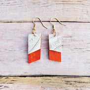 white textured leather earrings, burnt leather earrings, gold earrings, handmade jewelry 