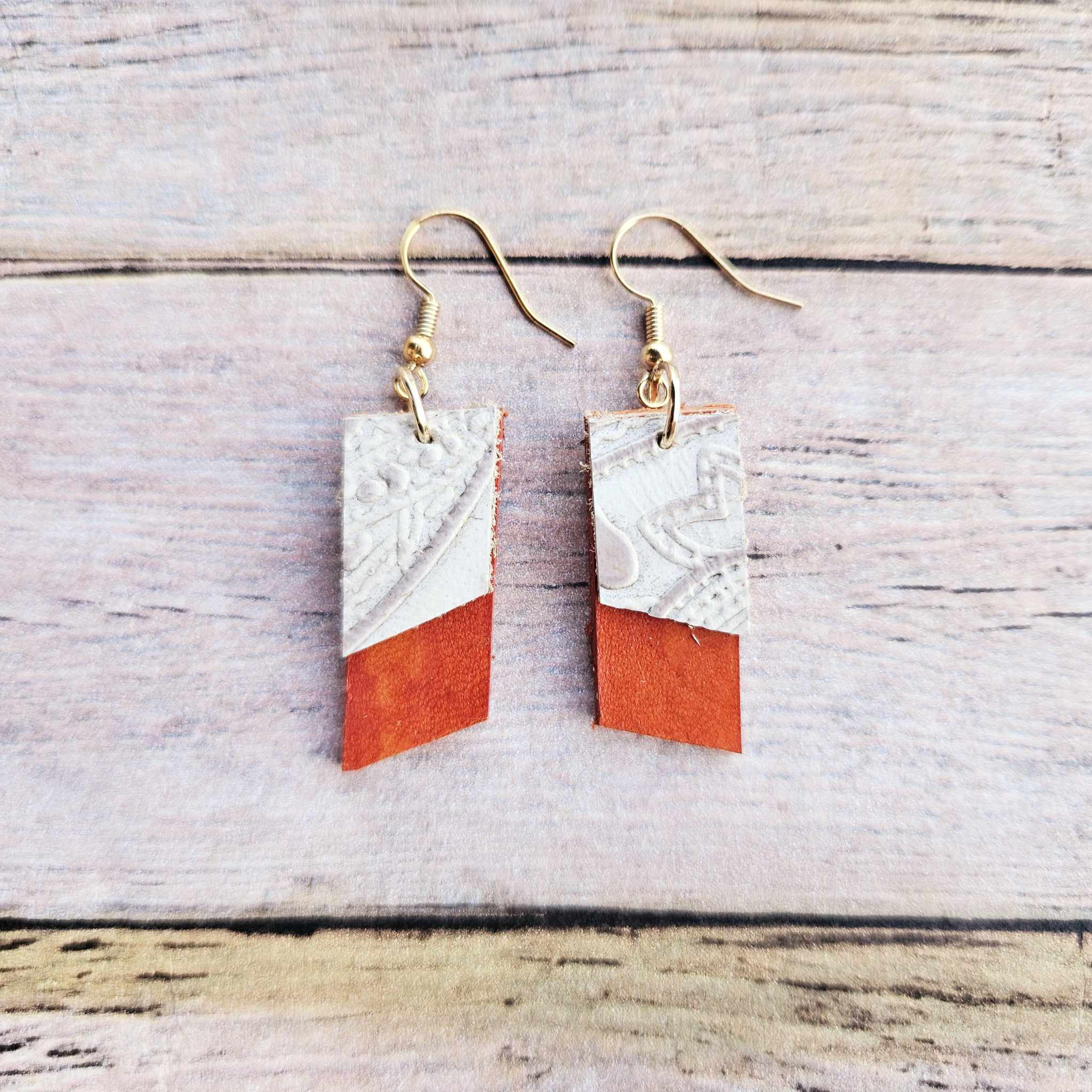 white textured leather earrings, burnt leather earrings, gold earrings, handmade jewelry 