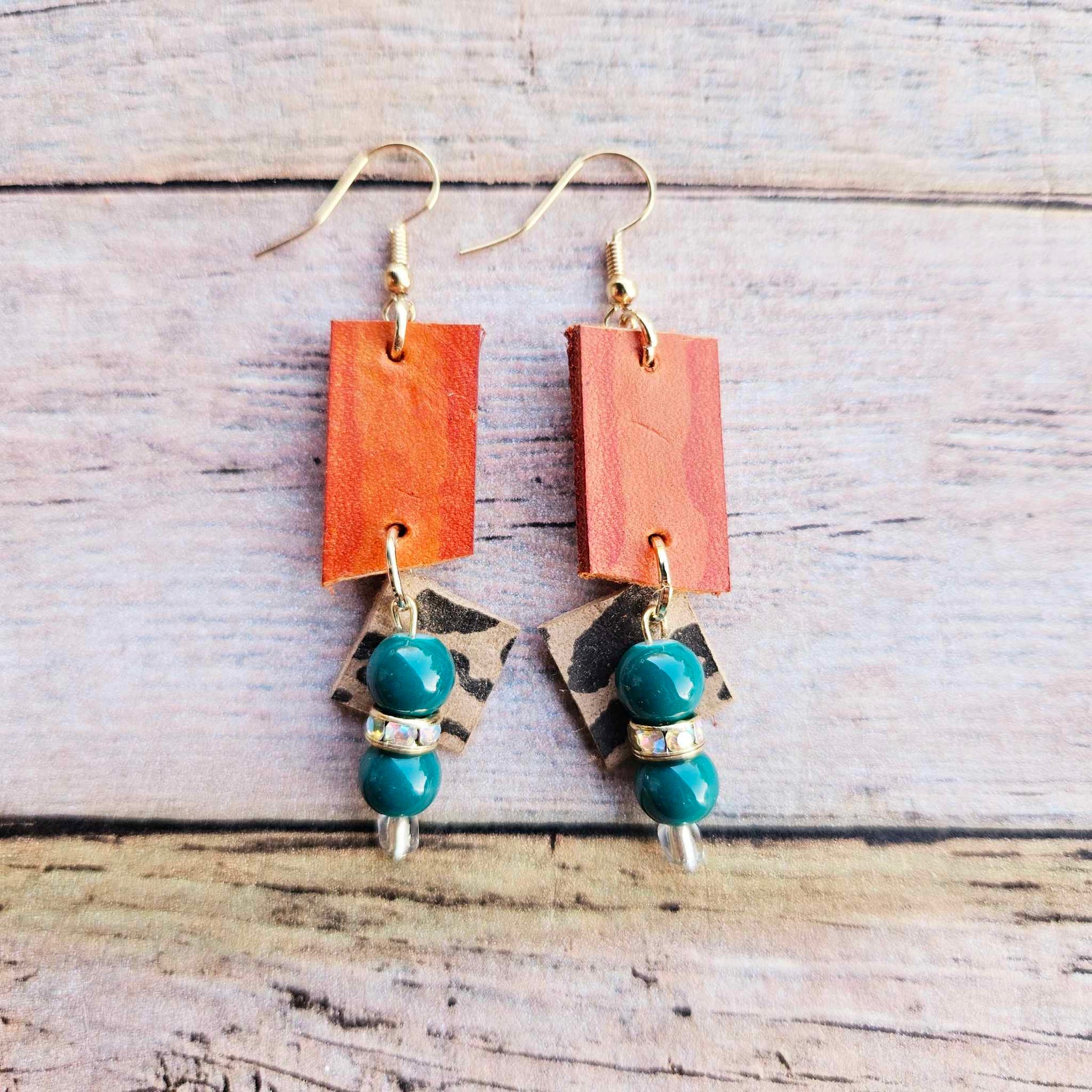 burnt orange leather, leopard leather charm, jade bead, rhinestone spacers, handmade jewelry 