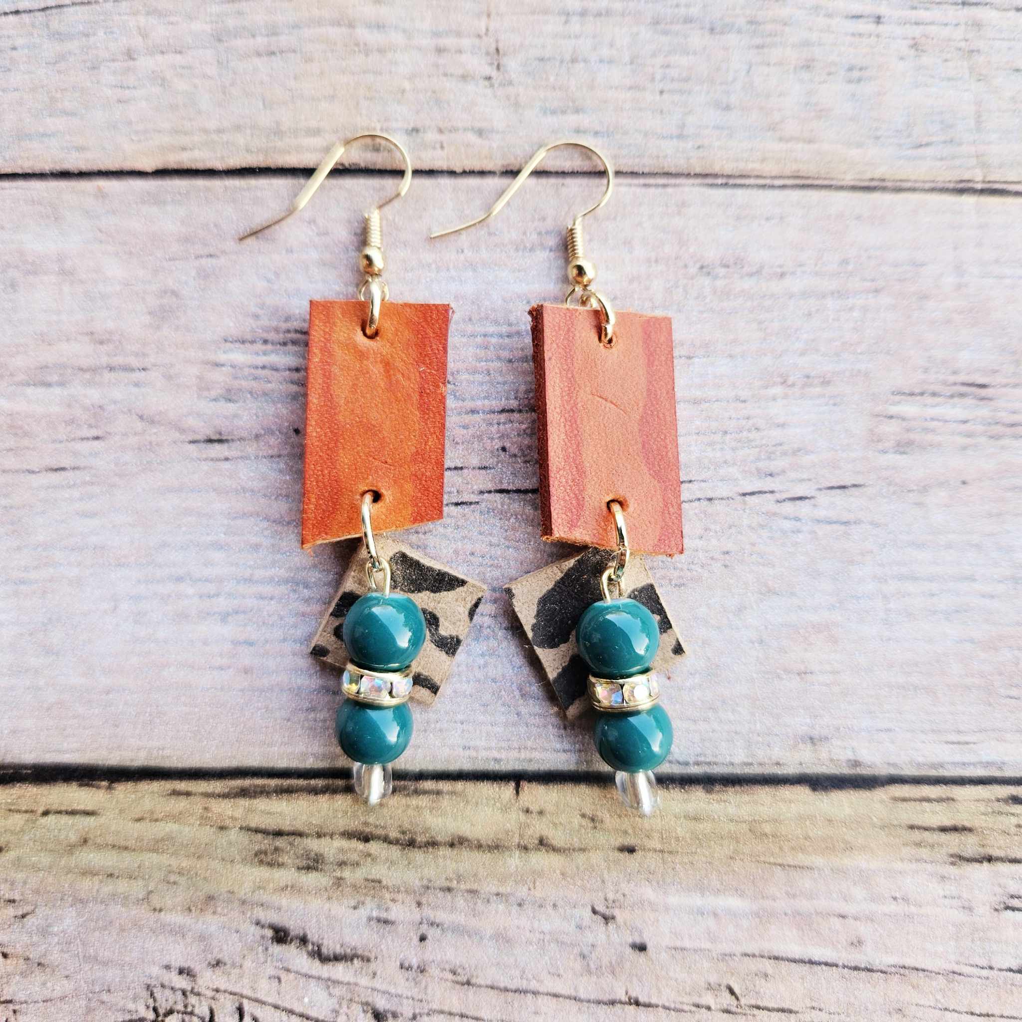 burnt orange leather, leopard leather charm, jade bead, rhinestone spacers, handmade jewelry 