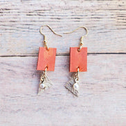 burnt orange leather earrings, white leather triangle accent, pearl charm, gold earrings, handmade jewelry 