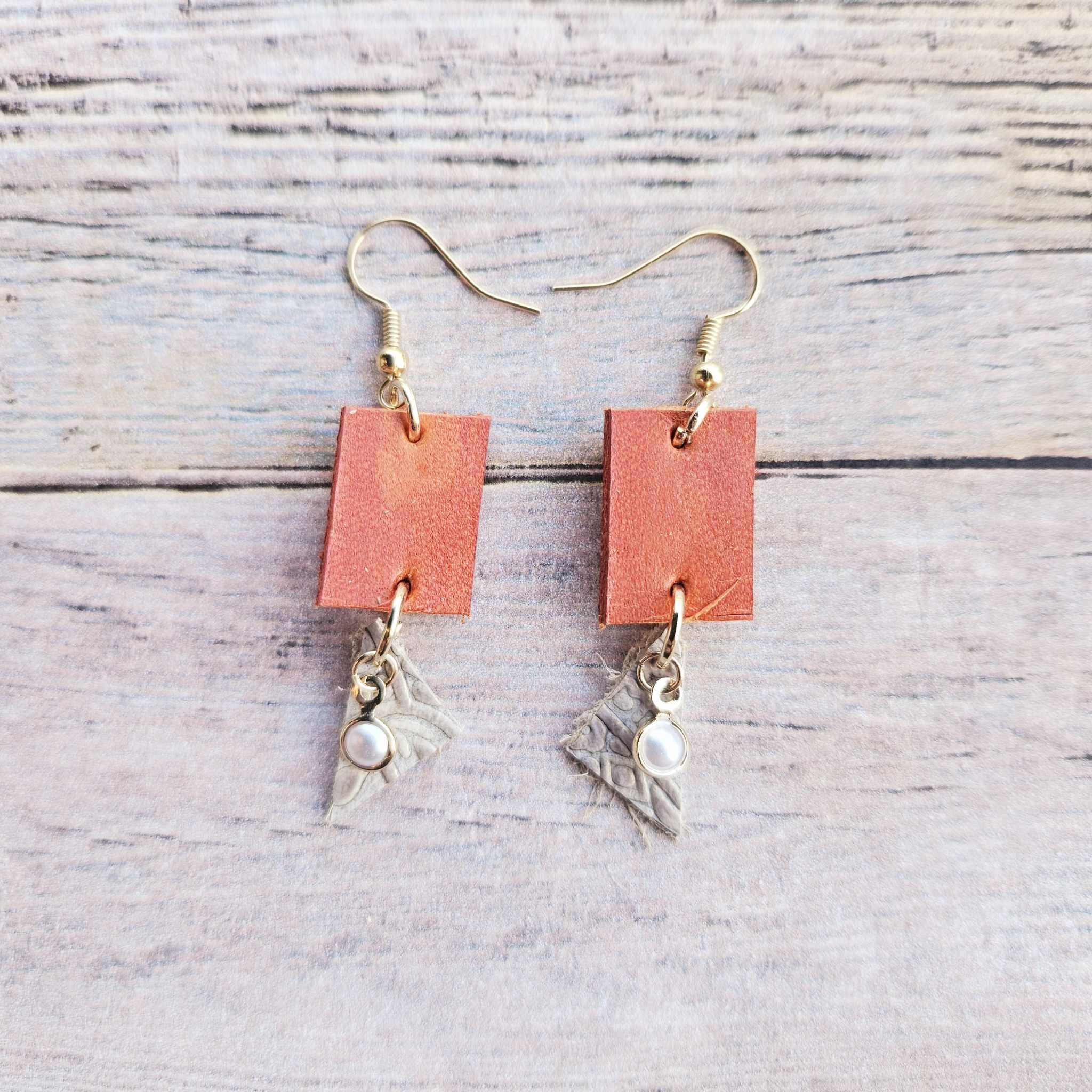 burnt orange leather earrings, white leather triangle accent, pearl charm, gold earrings, handmade jewelry 