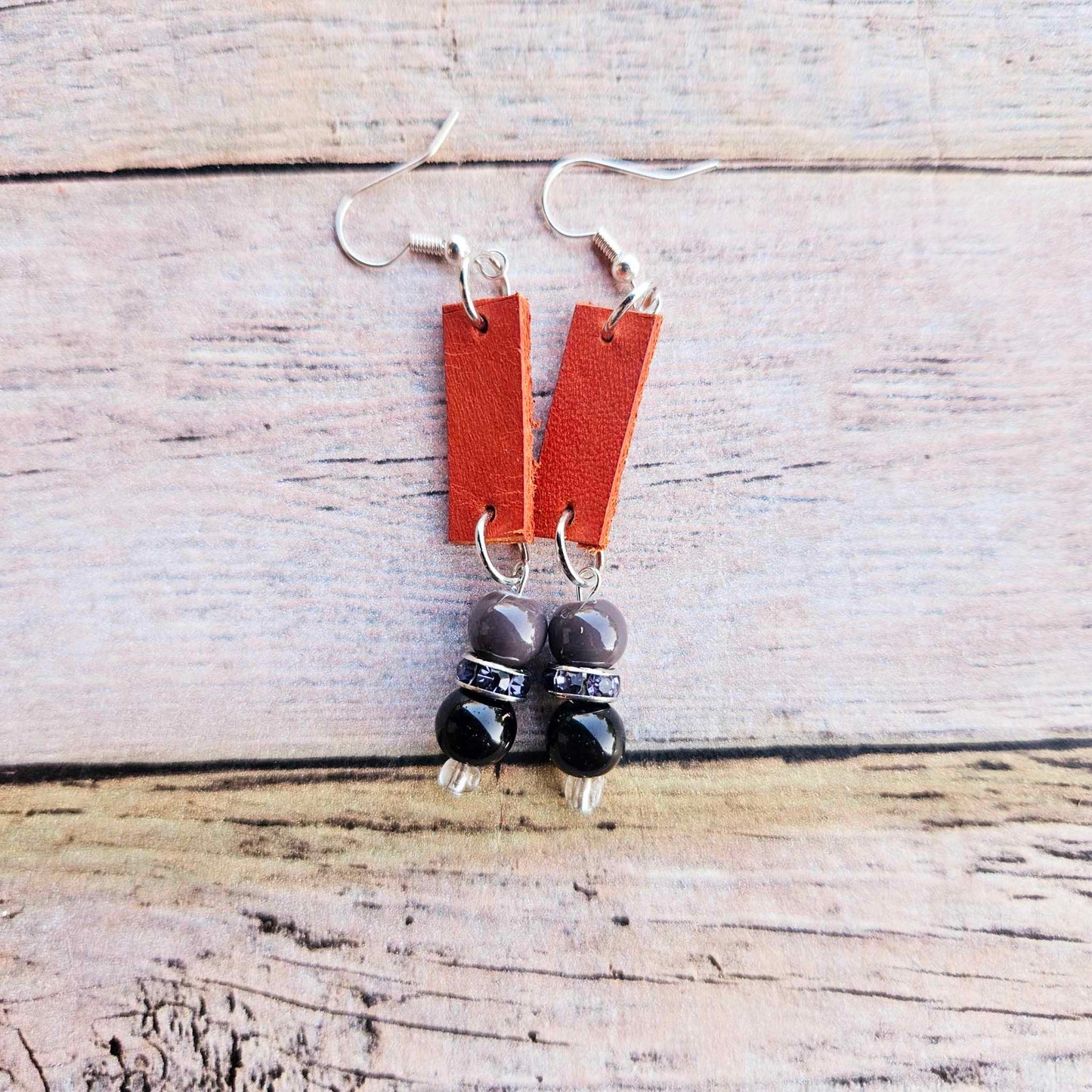 burnt orange leather, black beads, rhinestone spacers, handmade jewelry 