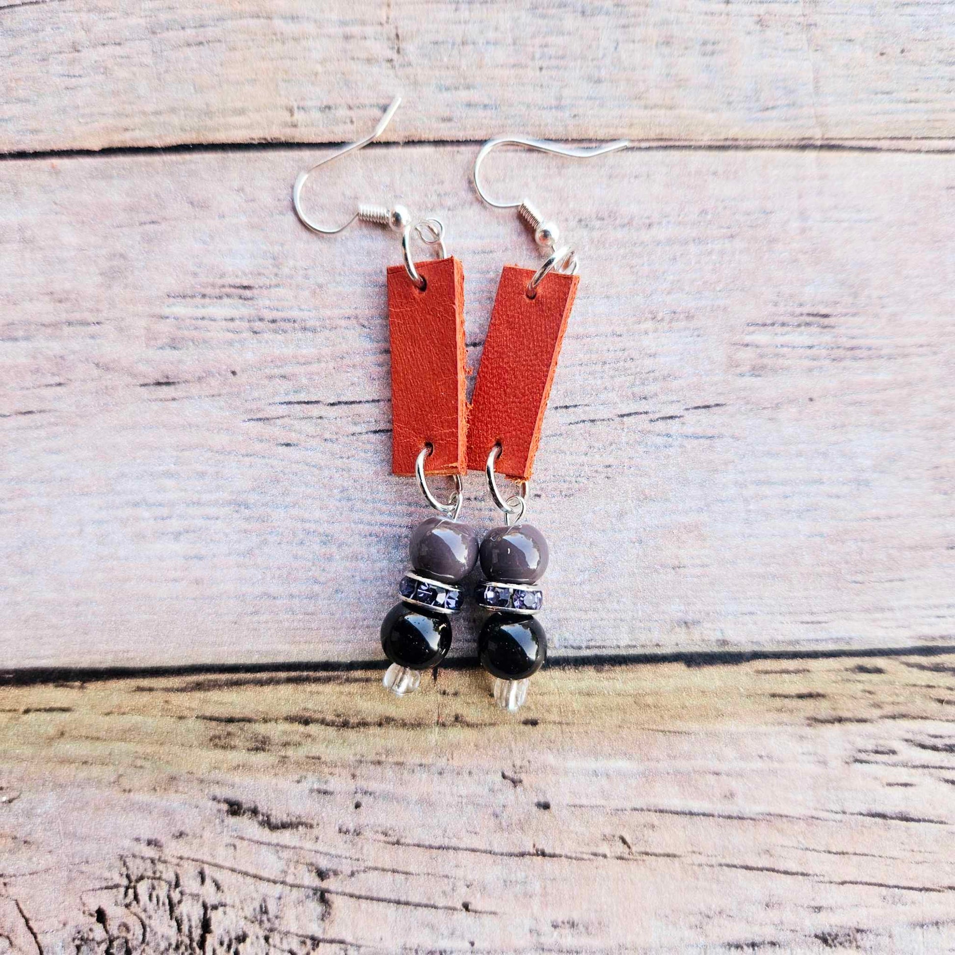 burnt orange leather, black beads, rhinestone spacers, handmade jewelry 