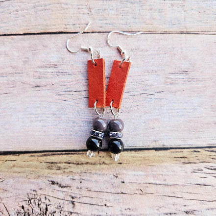 burnt orange leather, black beads, rhinestone spacers, handmade jewelry 