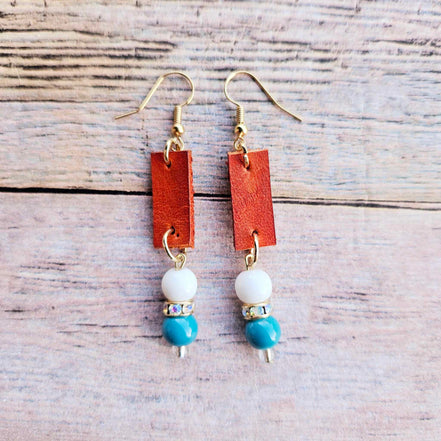 burn orange leather earrings, white and turquoise earrings rhinestones, handmade jewelry 
