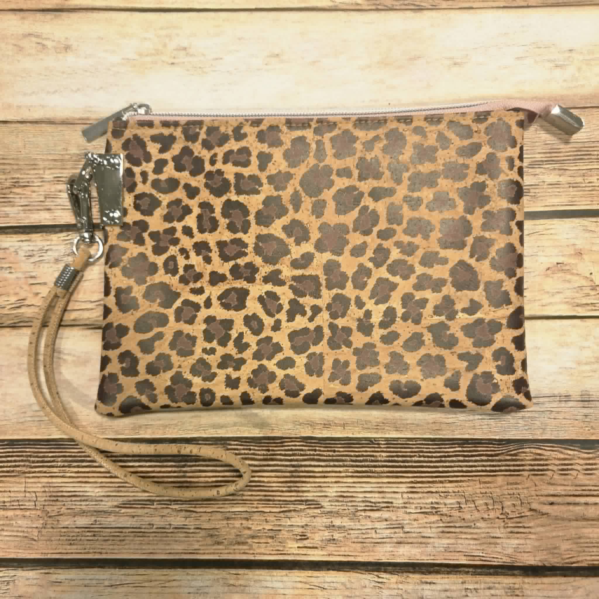 Oleta Leopard Clutch Wristlet with pink zipper