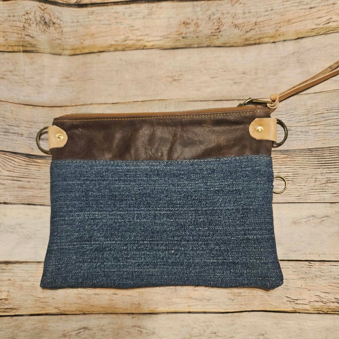 Addie Belle Re-purposed Denim/ Brown Leather & Veg Tan Leather Crossbody Bag