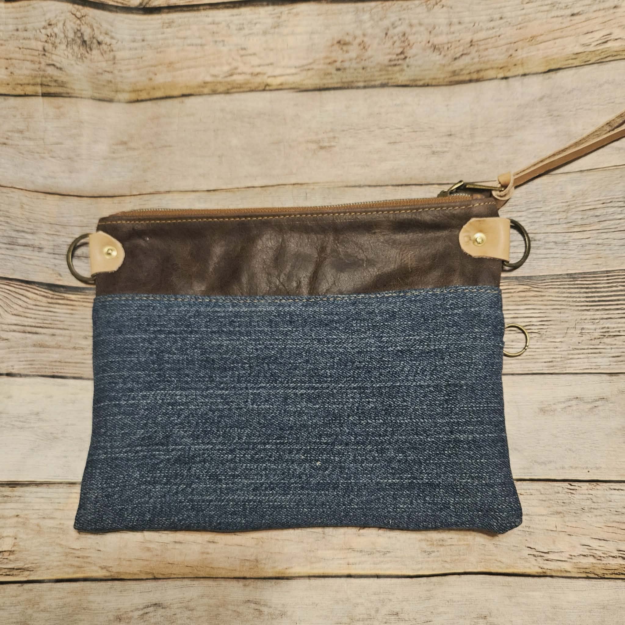 repurposed denim and brown leather crossbody, vegetable leather accents, antique hardware, handmade leather crossbody bag