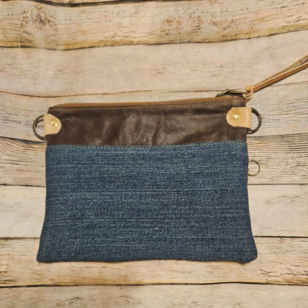 repurposed denim and brown leather crossbody, vegetable leather accents, antique hardware, handmade leather crossbody bag