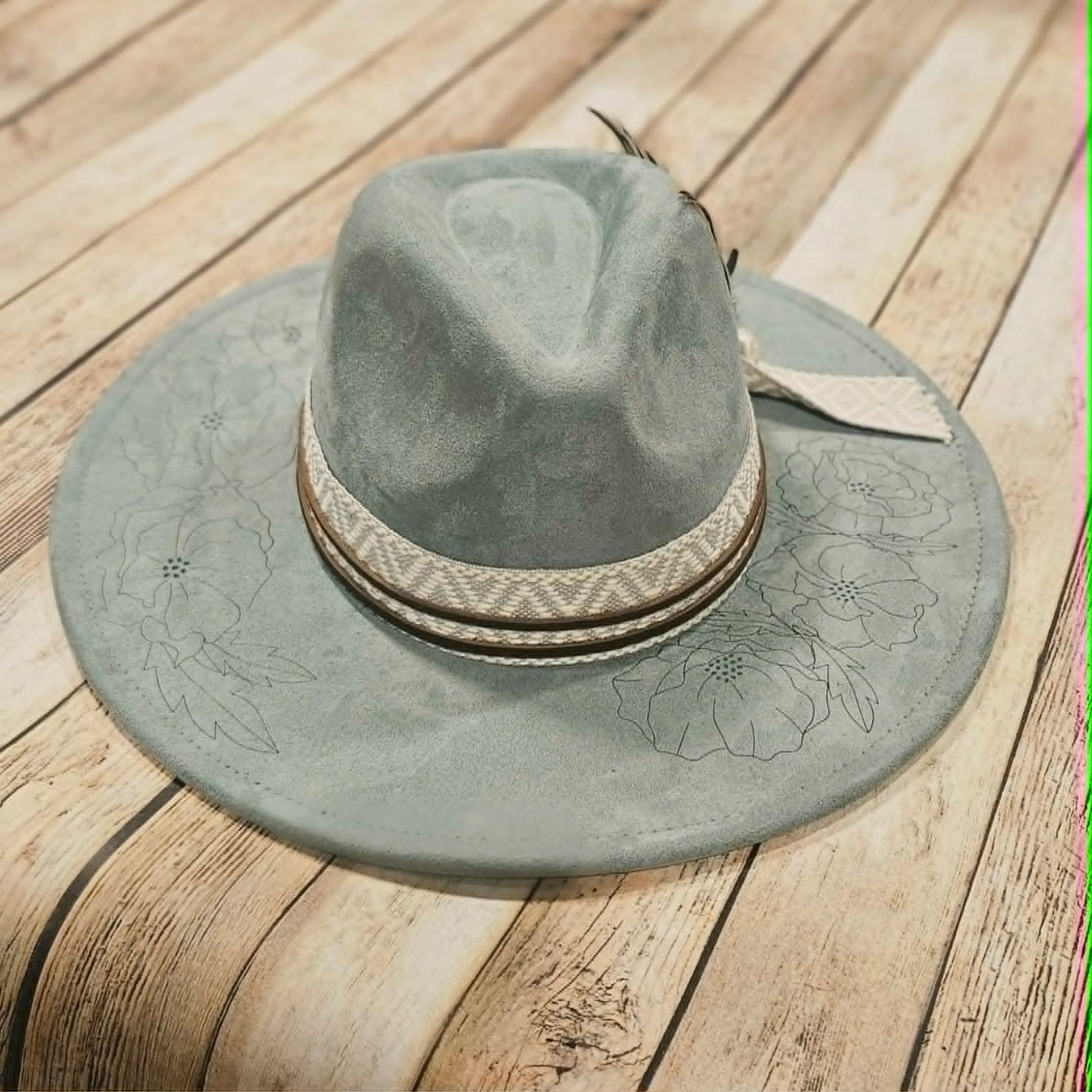 laser poppy flower large brim hat, feather hat, teal large brim hat, bead and feather embellished hat, cowboy hat, laser floral design cowboy hat,  