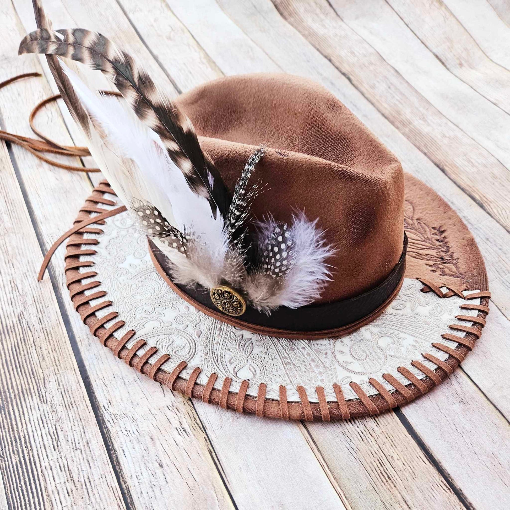 burned brim hat, camel white leather hat, feathered brim hat, leather laced hat