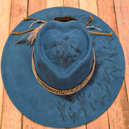 Teal Wide Brim Heart Hat with Laser burned floral design