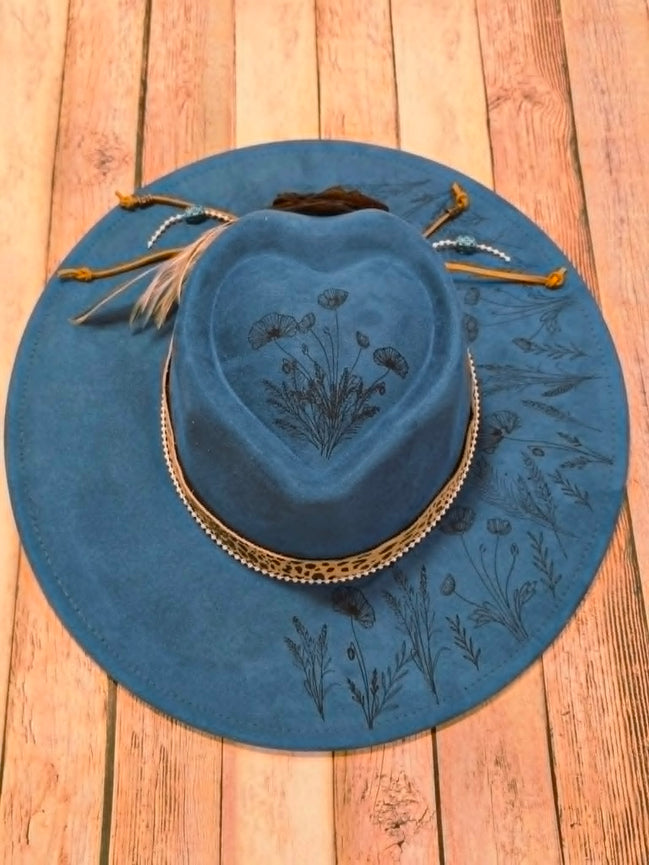 Teal Wide Brim Heart Hat with Laser burned floral design