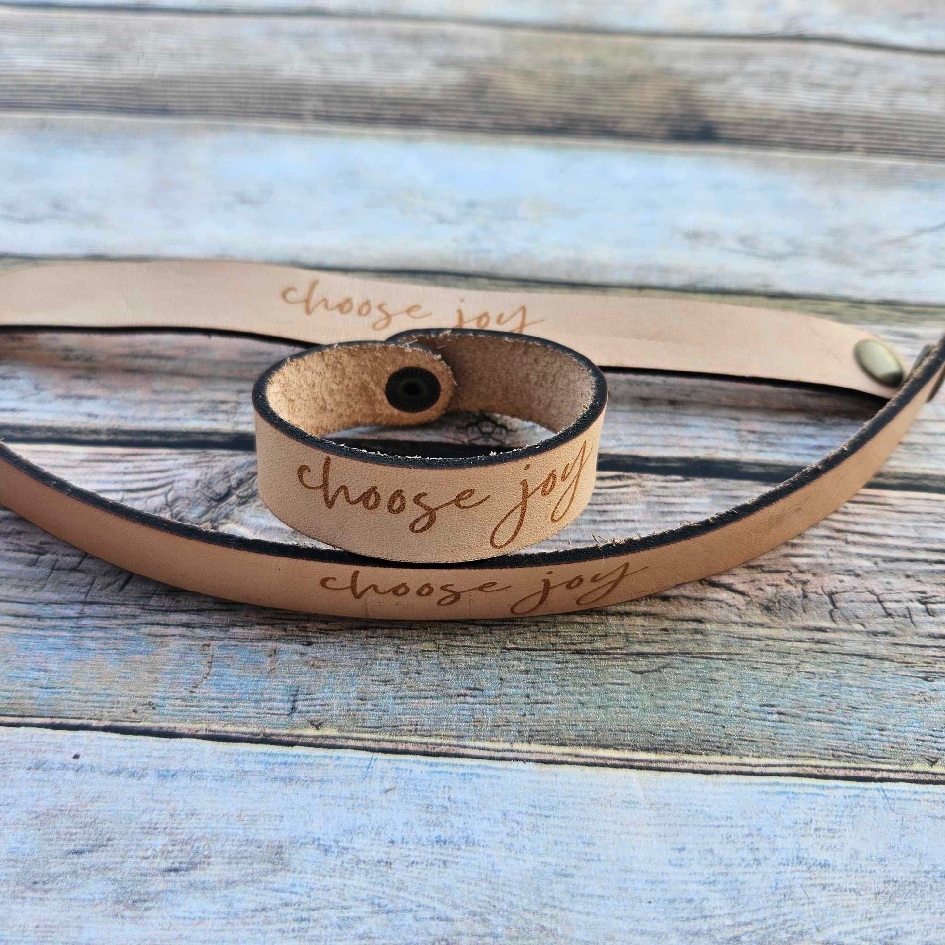 laser leather quote bracelet, strong bracelet, leather snap bracelet, burned leather