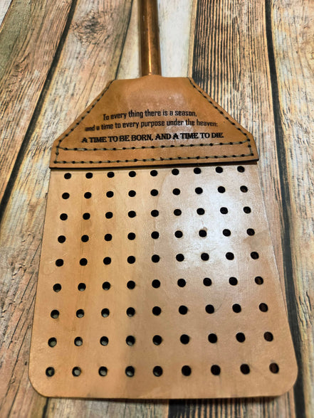 Handcrafted Leather Flyswatter with "A Time to Die" Design and Copper Handle