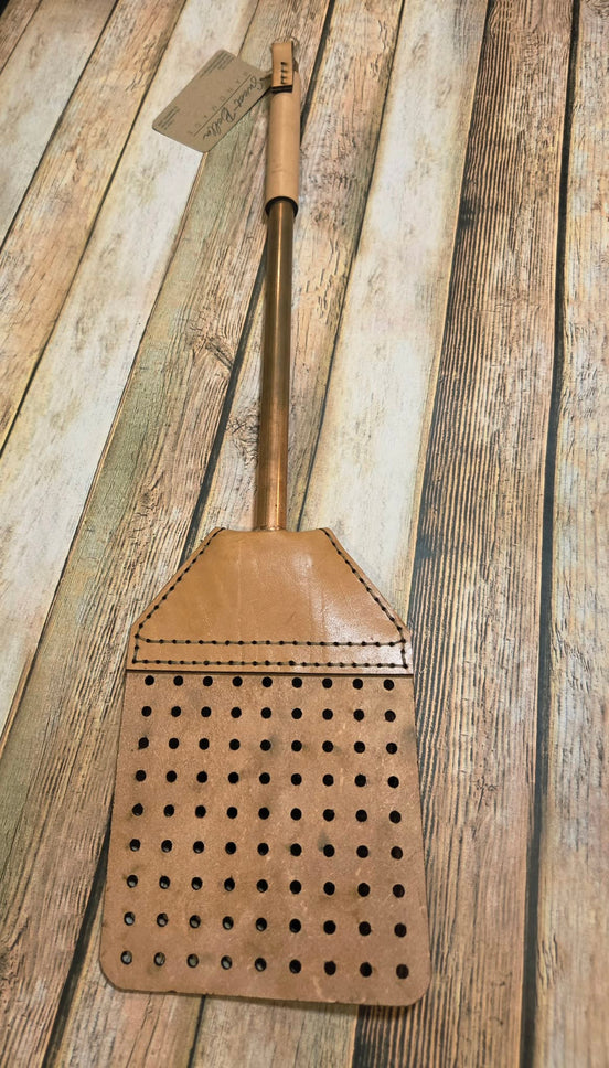 Handcrafted Leather Flyswatter with "A Time to Die" Design and Copper Handle