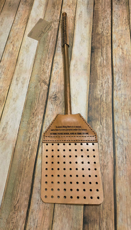 Handcrafted Leather Flyswatter with "A Time to Die" Design and Copper Handle