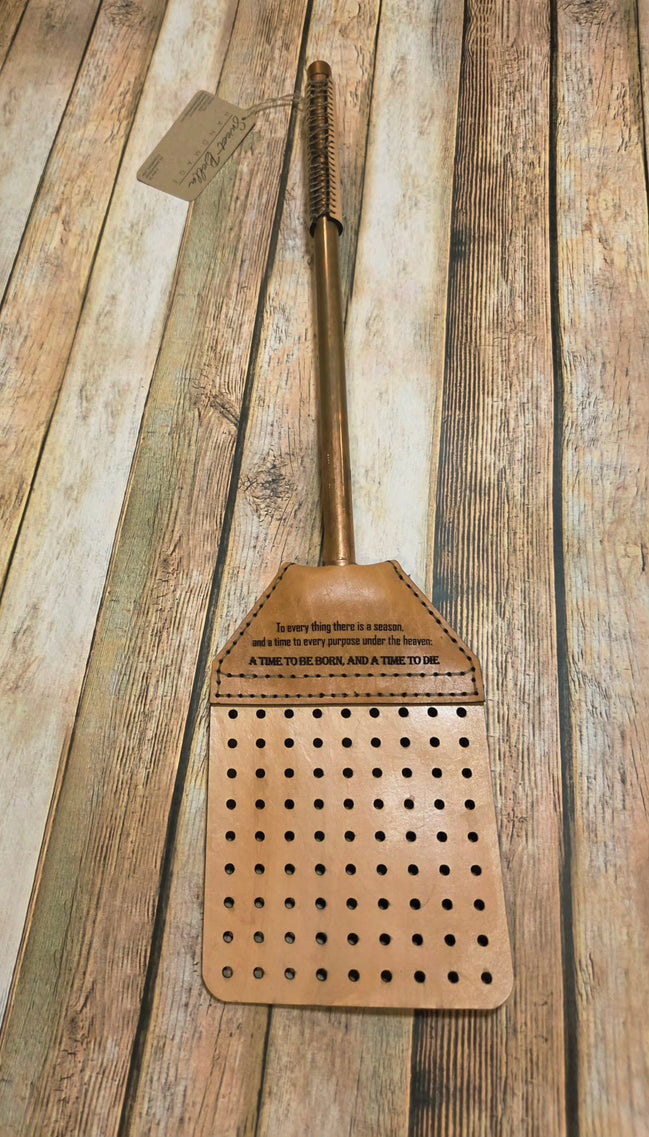 Handcrafted Leather Flyswatter with "A Time to Die" Design and Copper Handle
