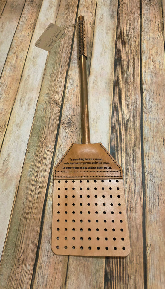 Handcrafted Leather Flyswatter with "A Time to Die" Design and Copper Handle