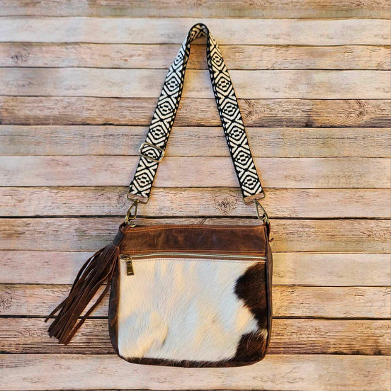 fur on hide crossbody, conceal carry bag, brown leather bag, genuine leather hand bag