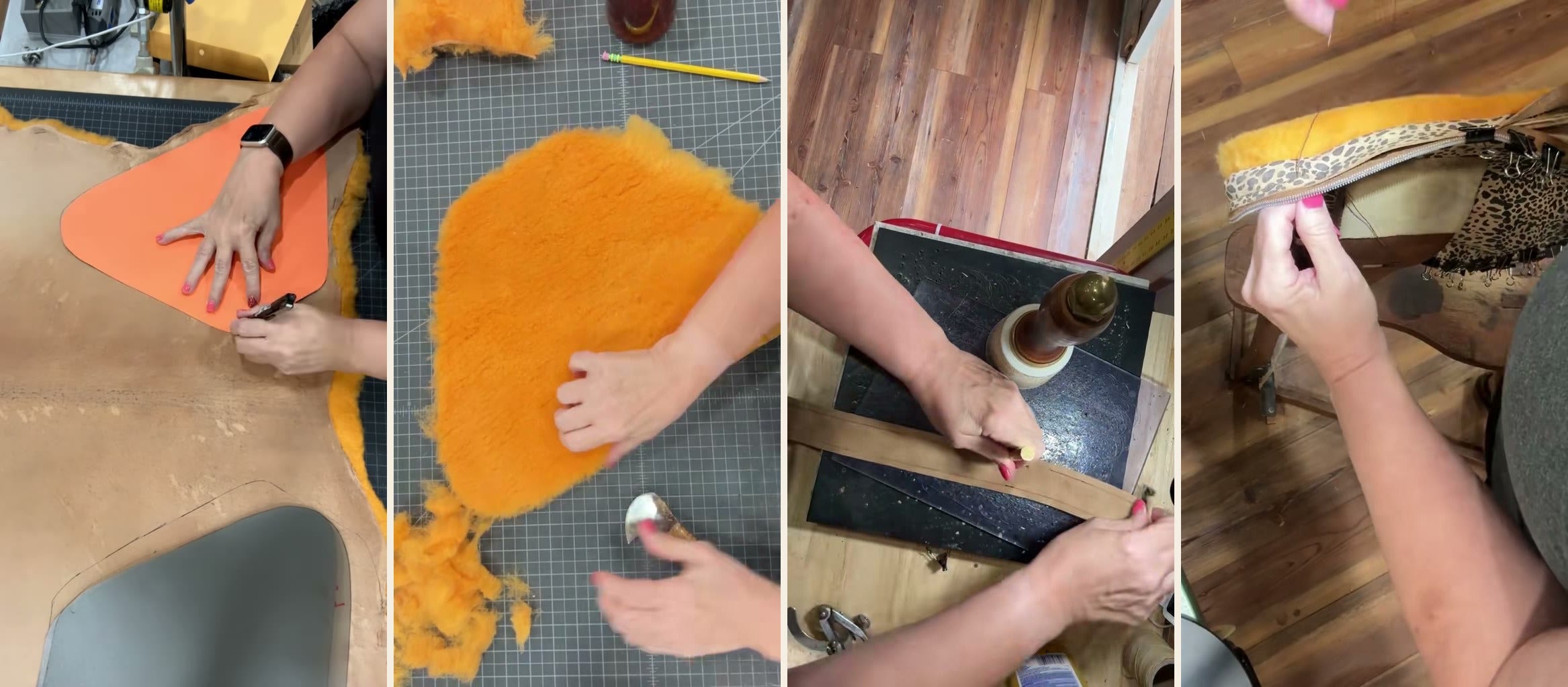 Hands handcrafting a custom leather bag at Sweet Bella Bags