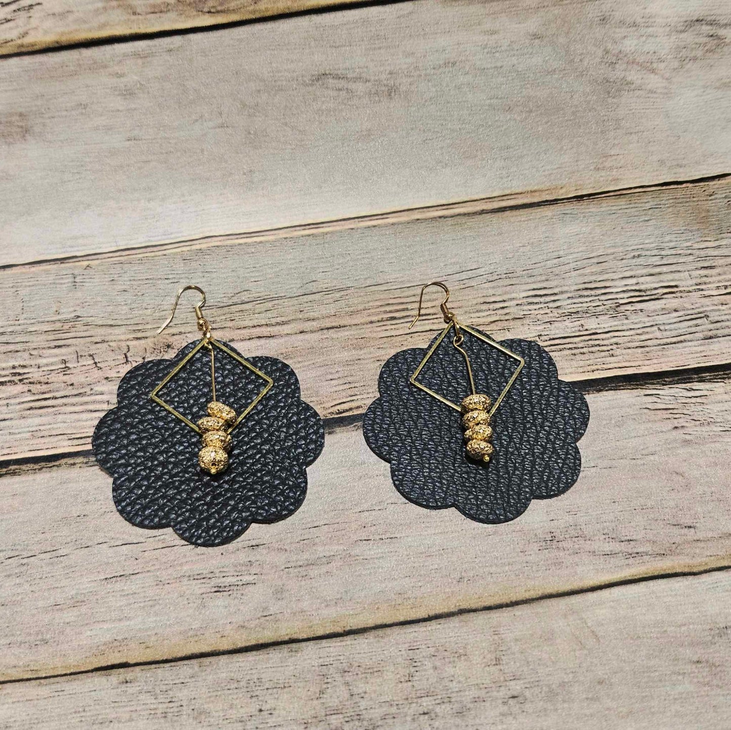 Black Leather Beaded Earrings
