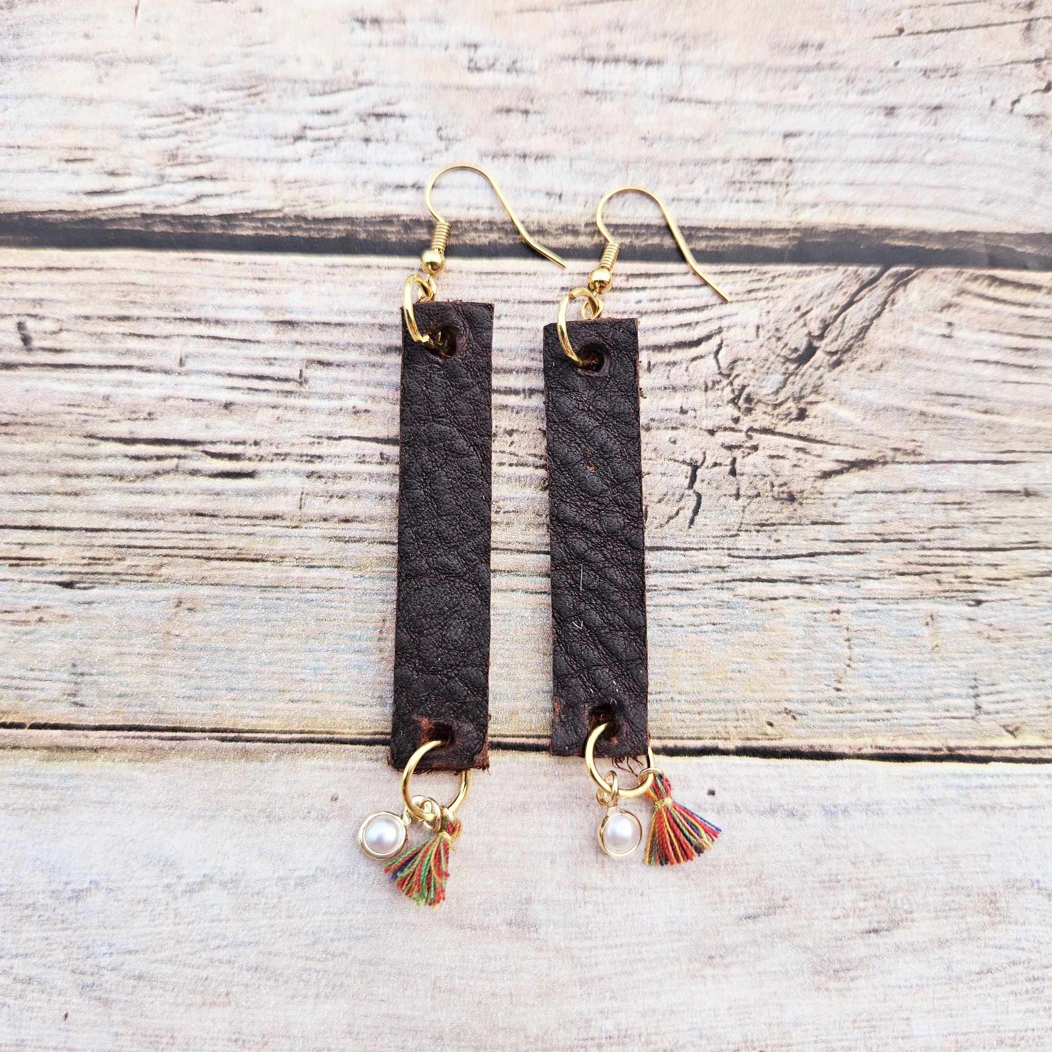 gold earrings, brown leather earrings, tassel and pearl charm earrings, handmade jewelry 