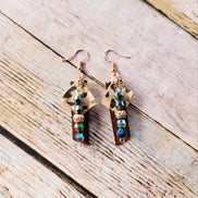 rose gold earrings, brown and leopard leather jewelry, multicolored beaded earrings, handmade jewelry 
