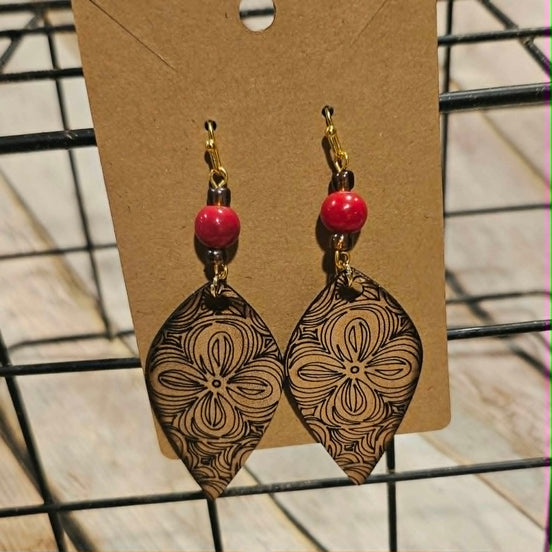 Laser Burned Leather Floral tear drop with red beads