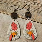 laser burned wood chicken earrings, burned wood jewelry, rooster earrings