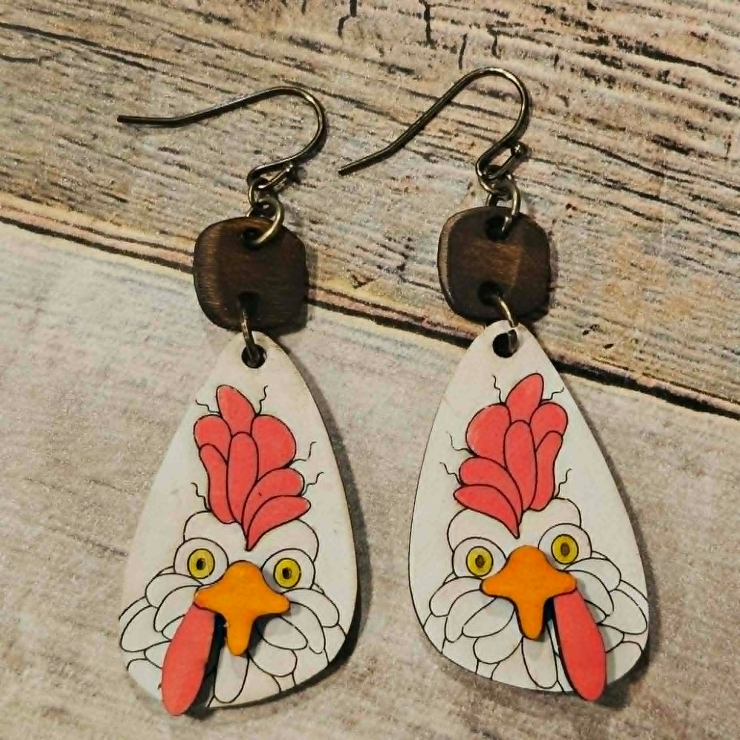 laser burned wood chicken earrings, burned wood jewelry, rooster earrings