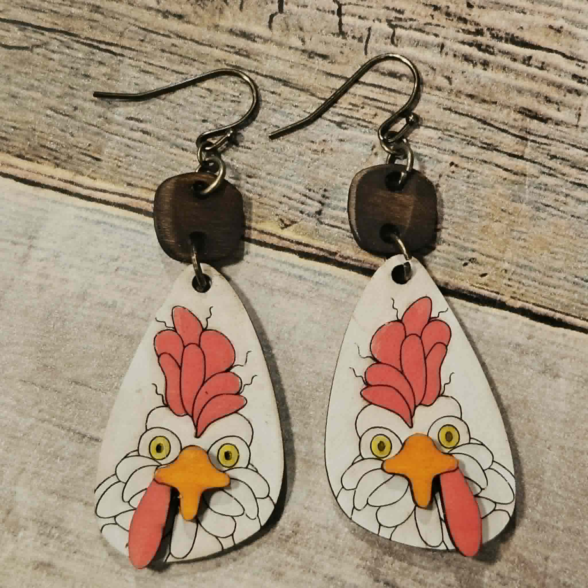 laser burned wood chicken earrings, burned wood jewelry, rooster earrings