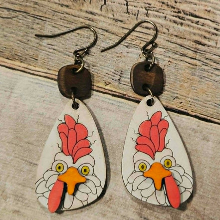 laser burned wood chicken earrings, burned wood jewelry, rooster earrings