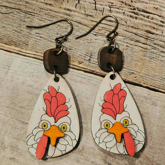 laser burned wood chicken earrings, burned wood jewelry, rooster earrings