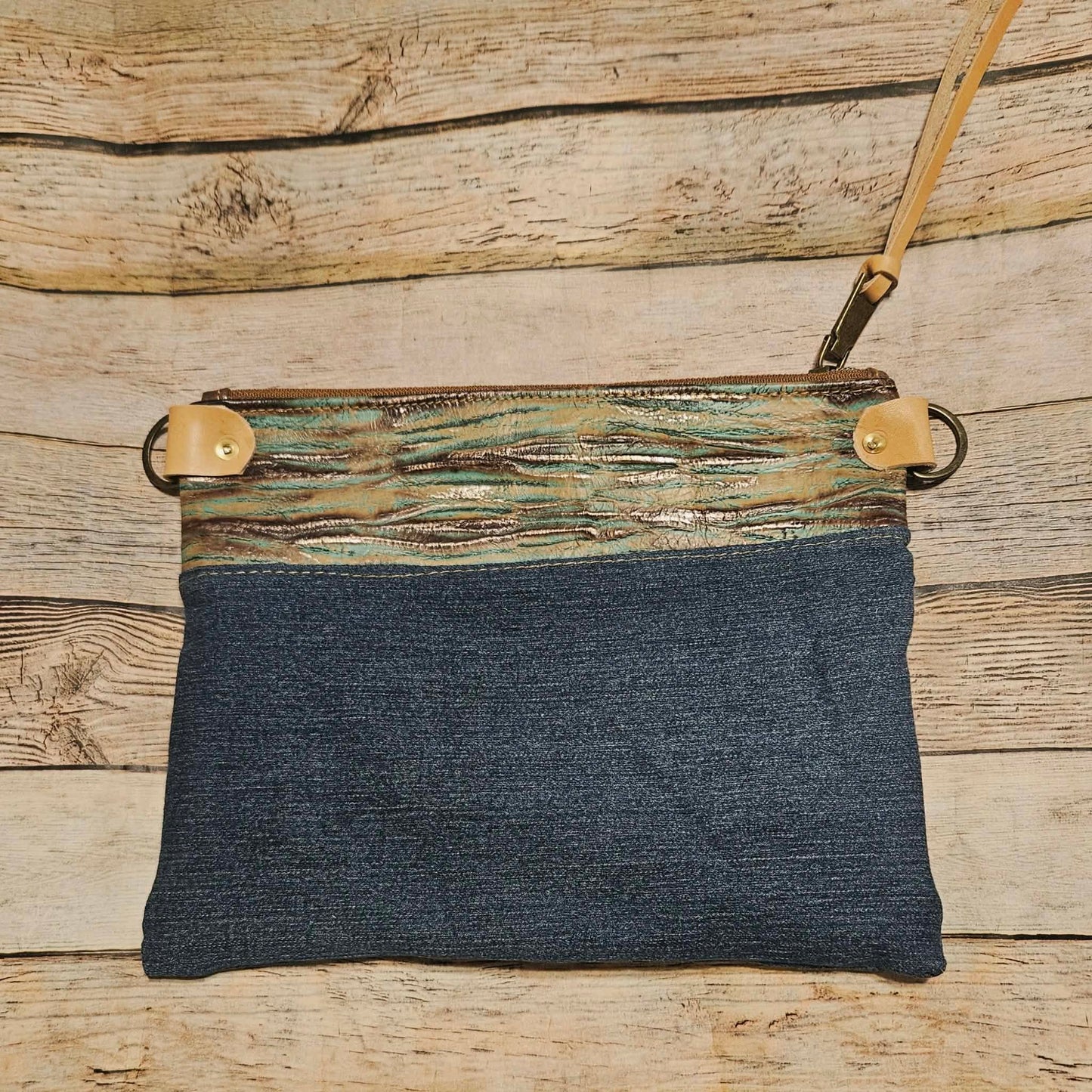 Addie Belle Re-purposed Denim/ Turquoise Brown Leather & Veg Tan Leather Crossbody Bag