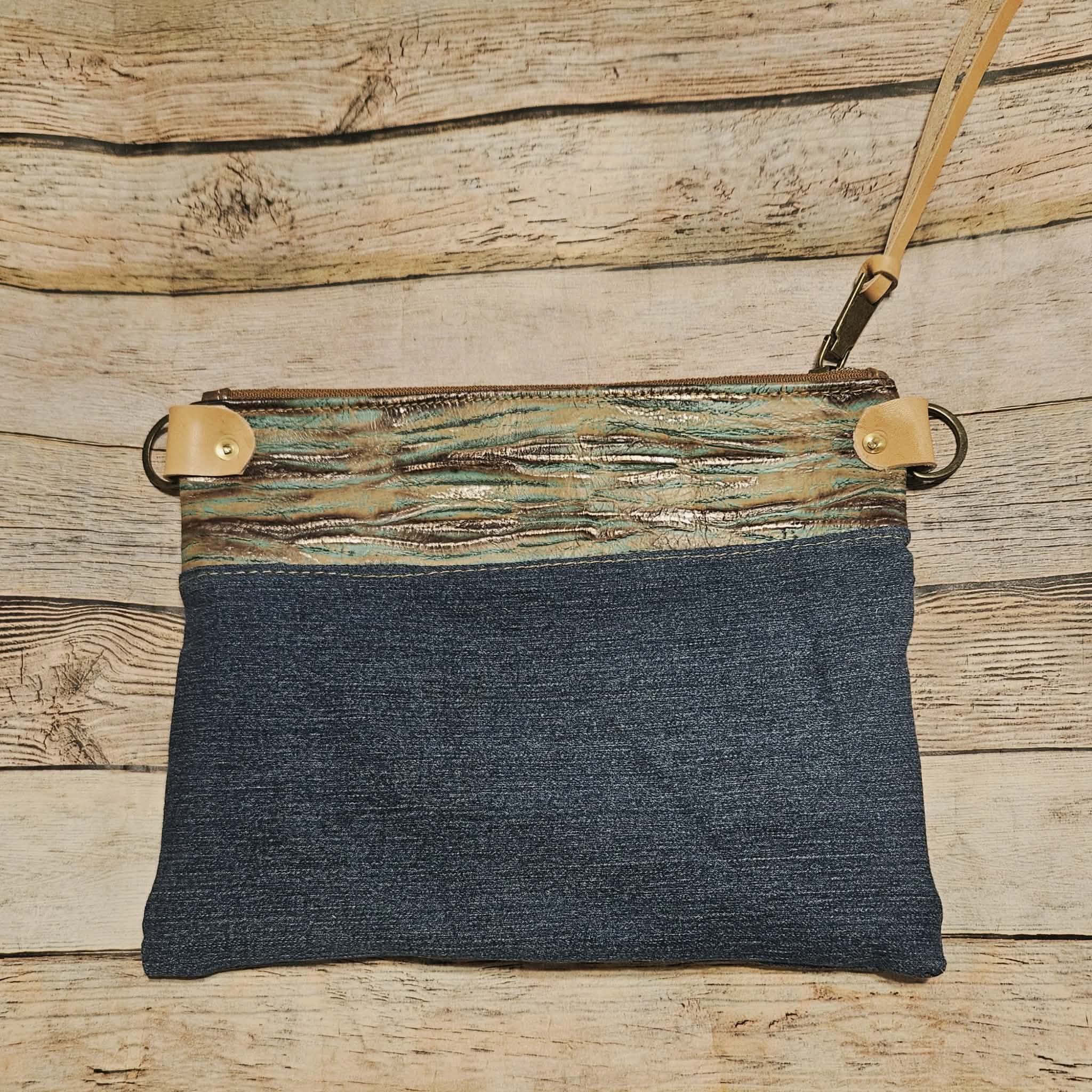 repurposed denim and brown turquoise leather crossbody, vegetable leather accents, antique hardware, handmade leather crossbody bag