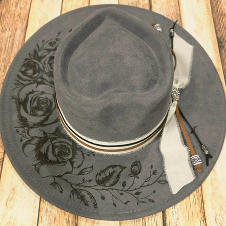 Grey Wide Brim Hat with Laser burned rose vines