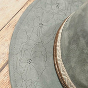 laser poppy flower large brim hat, feather hat, teal large brim hat, bead and feather embellished hat, cowboy hat, laser floral design cowboy hat,  