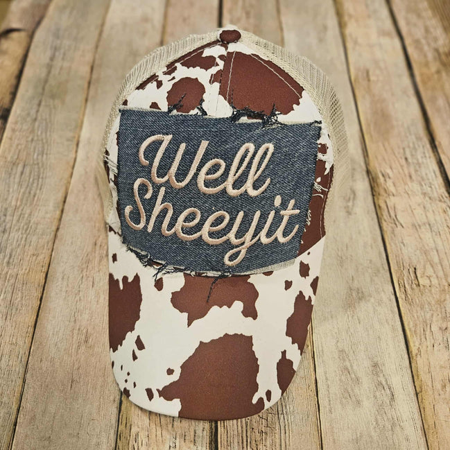 "well Sheeyit" pink embroidered on denim patch cow print hat, adjustable ponytail cow print denim patch cap 
