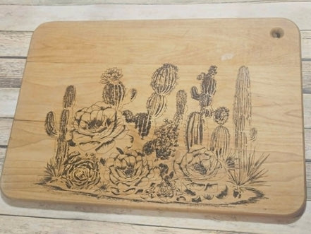 Laser Burned Cactus Cutting Board