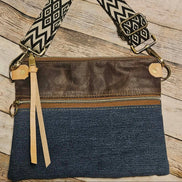 repurposed denim and brown leather crossbody, vegetable leather accents, antique hardware, handmade leather crossbody bag