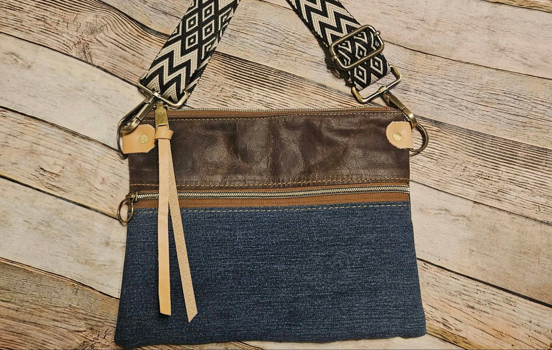 repurposed denim and brown leather crossbody, vegetable leather accents, antique hardware, handmade leather crossbody bag