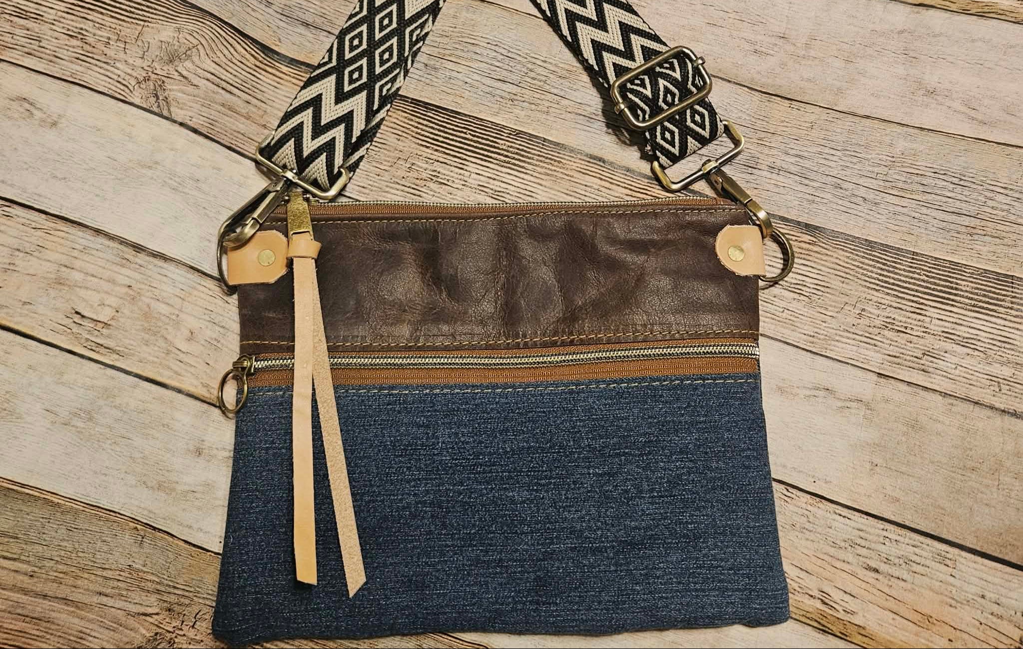 repurposed denim and brown leather crossbody, vegetable leather accents, antique hardware, handmade leather crossbody bag