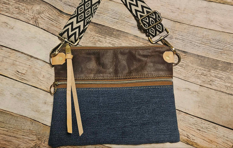 repurposed denim and brown leather crossbody, vegetable leather accents, antique hardware, handmade leather crossbody bag